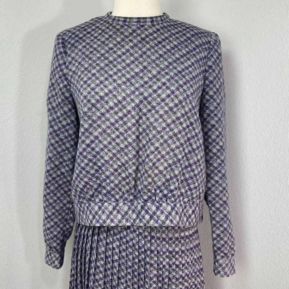 Vintage 80s Two-Piece Skirt & Blouse Med 8 Julie Miller Purple Plaid Lightweight